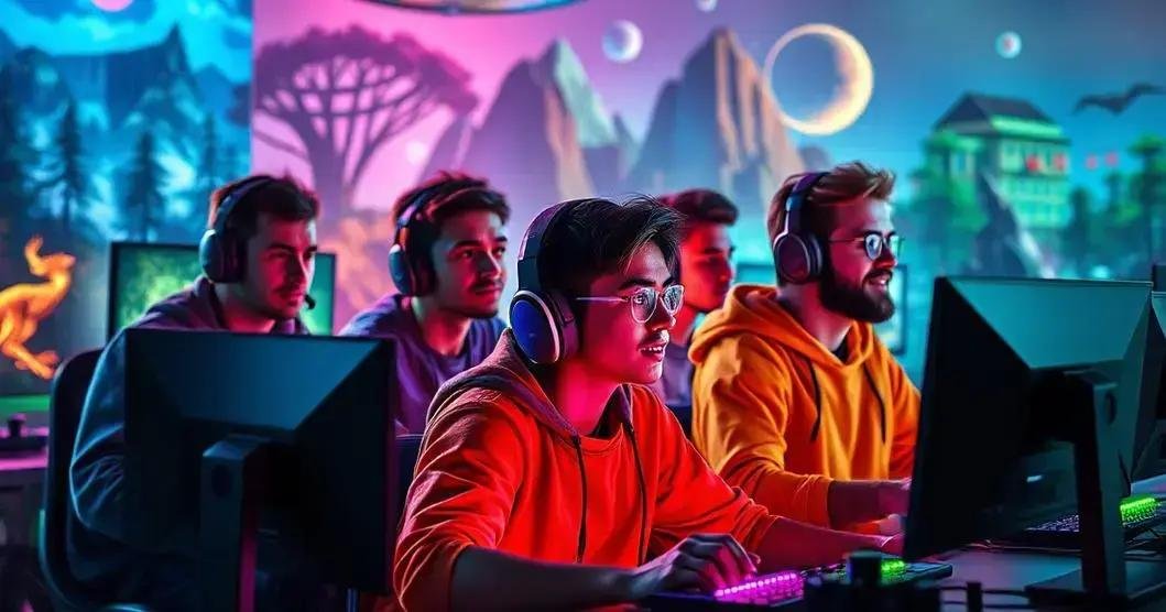 Grupo de cinco pessoas jogando em computadores em uma sala com iluminação ambiente que realça a atmosfera de jogo. As pessoas estão sentadas em frente a monitores, usando fones de ouvido e parecem focadas nas telas. Elas são iluminadas pelo brilho dos monitores, que reflete várias cores em seus rostos e roupas. Atrás delas, há um fundo vibrante com uma paisagem ilustrada contendo elementos como árvores, montanhas e corpos celestes como planetas e luas, criando um cenário fantástico que complementa o tema de jogos.