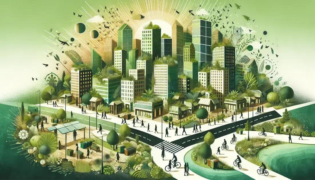 Ilustração de uma cidade vibrante e movimentada que se mistura com a natureza. A imagem apresenta uma variedade de edifícios em tons de verde, alguns com jardins nos telhados, em meio a um cenário de árvores e colinas. Acima do horizonte, há representações abstratas de turbinas eólicas, painéis solares e outros símbolos de energia sustentável. No céu, corpos celestes como planetas e estrelas são retratados ao lado de formas e padrões geométricos. No nível da rua, várias pessoas estão caminhando ou andando de bicicleta por caminhos que se cruzam em um ponto central. Há também um corpo de água correndo paralelo aos caminhos com mais vegetação em suas margens. O tema geral sugere um equilíbrio harmonioso entre a vida urbana e a sustentabilidade ambiental.