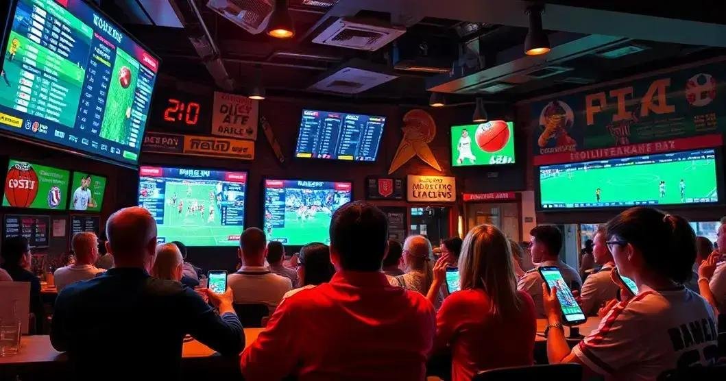 Interior de um bar esportivo movimentado com várias telas de televisão exibindo diferentes jogos esportivos, clientes sentados assistindo e usando dispositivos móveis, iluminação vibrante e estatísticas de jogos dinâmicas exibidas nos monitores.