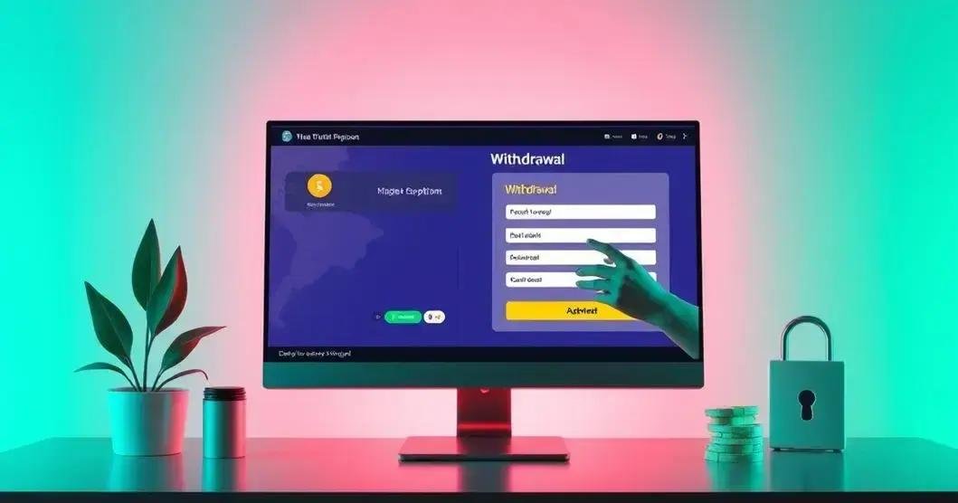 Monitor de computador exibindo uma interface gráfica de um aplicativo chamado 'Withdrawal'. A interface inclui opções como 'Withdraw', 'Fast cash', 'Balance', 'Financial advice' e 'Cash boost', com um cursor de mão apontando para a opção 'Fast cash'. O monitor está sobre uma mesa com um fundo gradiente que vai do rosa ao teal. À esquerda do monitor, há uma planta em vaso, e à direita, há moedas empilhadas e um cadeado. O cenário sugere um tema moderno, possivelmente relacionado a finanças ou banco.