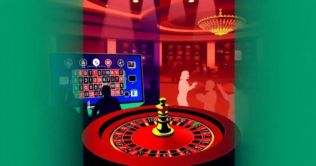 Ilustração digital de um ambiente de cassino focado em uma mesa de roleta. Em primeiro plano, uma roda de roleta detalhada com números e cores, e uma pequena figura amarela ao lado, possivelmente representando o croupier. Ao fundo, silhuetas de pessoas sugerem que são clientes participando das atividades de jogo. À esquerda, um painel eletrônico exibe vários números em vermelho e azul, que podem indicar números vencedores anteriores ou apostas. O ambiente é iluminado por uma luz vermelha ambiente e apresenta um lustre ornamentado no teto, contribuindo para a típica atmosfera opulenta de cassino.