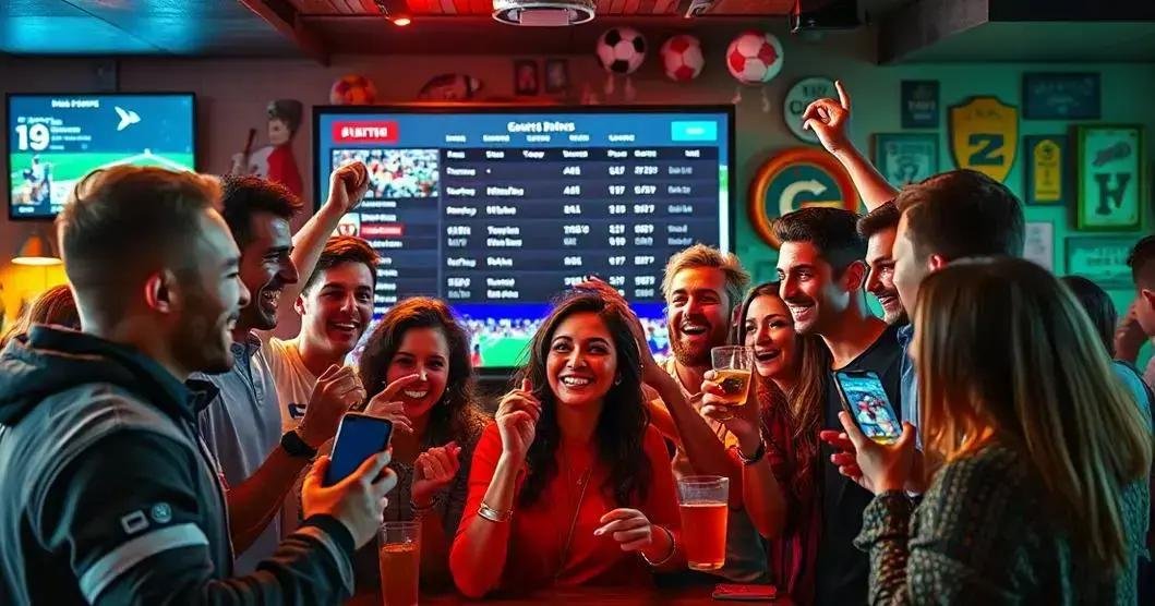 Imagem de um bar ou pub com várias pessoas conversando e se divertindo. Algumas pessoas estão segurando bebidas. Ao fundo, há uma parede decorada com diversos sinais e memorabilia esportiva, incluindo bolas de futebol e camisas. Um placar digital exibindo nomes e números, possivelmente indicando pontuações ou classificações de um evento ou jogo, também é visível na parede. A iluminação é suave com acentos coloridos, contribuindo para uma atmosfera animada típica de tais estabelecimentos.