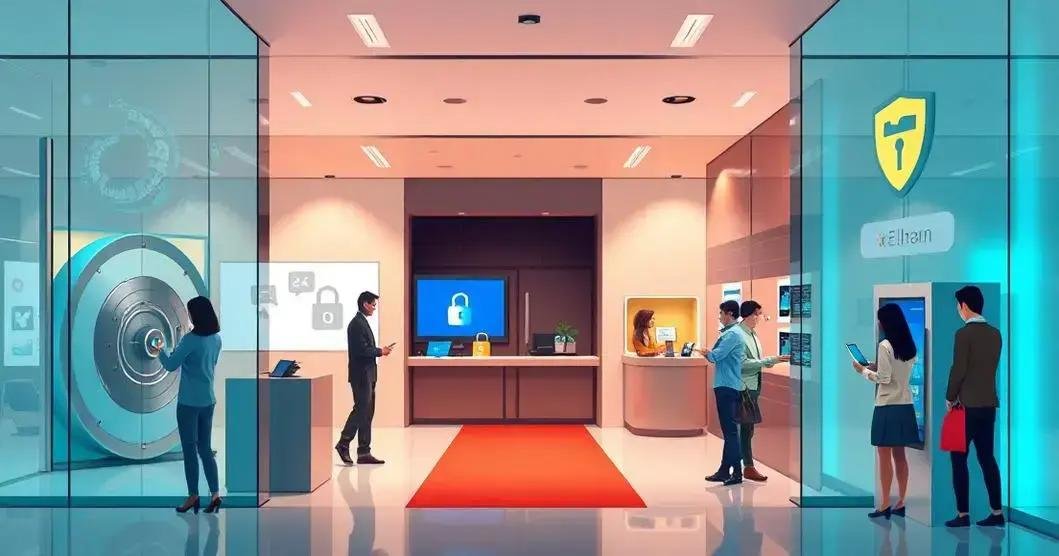 Lobby de um banco futurista com tecnologia avançada. À esquerda, há uma grande porta de cofre circular com detalhes mecânicos, sugerindo alta segurança. No centro, há uma recepção com duas telas digitais exibindo um ícone de cadeado e uma figura humanoide, possivelmente representando atendimento ao cliente ou recursos de segurança. Seis pessoas estão na imagem; duas interagem com uma máquina tipo caixa eletrônico à esquerda, uma está na recepção conversando com um funcionário, duas conversam à direita perto de outra tela digital exibindo informações financeiras ou anúncios, e uma pessoa está sozinha observando o ambiente. O chão tem um tapete vermelho levando à recepção, ladeado por azulejos brancos. Acima, há placas; uma com um ícone de escudo e um sinal de verificação indicando segurança e outra com o texto "eZellan," provavelmente o nome do estabelecimento. O esquema de cores é predominantemente azul e teal com iluminação brilhante, dando ao espaço uma aparência limpa e de alta tecnologia.