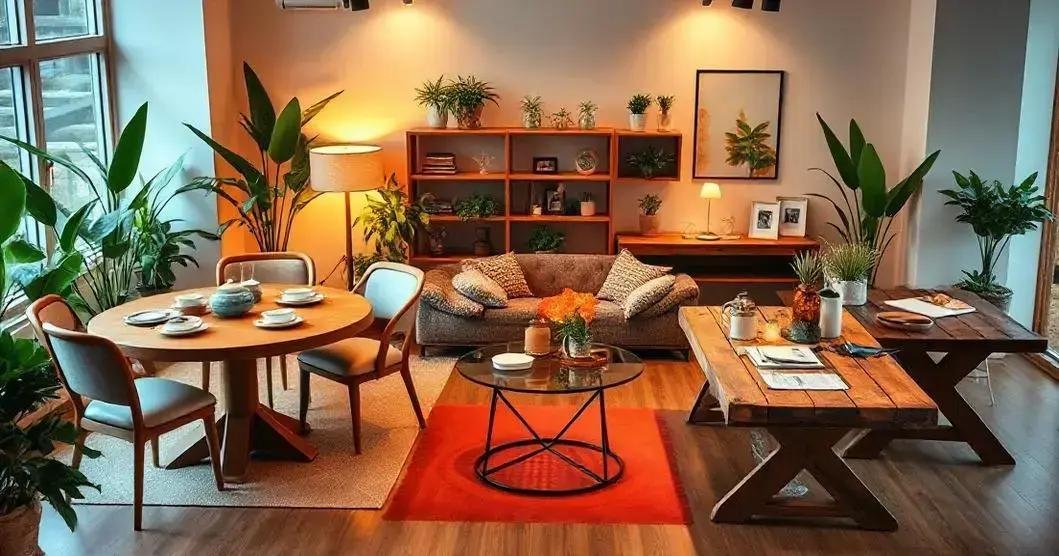 Sala de estar bem decorada com um sofá cinza estofado com almofadas laranja e brancas, ladeado por duas mesas laterais de madeira com abajures. Acima do sofá, há prateleiras com itens decorativos como plantas, livros e quadros. Em frente ao sofá, há um grande tapete vermelho com uma mesa de centro redonda de pernas metálicas. À esquerda, há uma área de jantar com uma mesa redonda de madeira para quatro pessoas, cercada por cadeiras de estilo moderno, simulando a mesa da roleta de cassino, uma das dicas para iniciantes em roleta. A sala é bem iluminada por luz natural e plantas internas, criando uma atmosfera acolhedora.