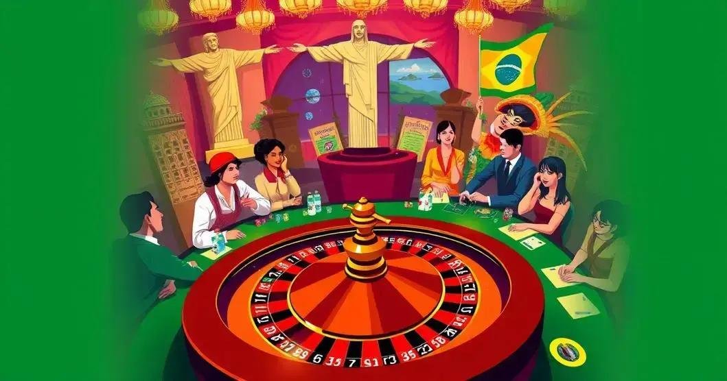 Uma ilustração colorida de uma reunião internacional ao redor de uma mesa de roleta com marcos icônicos como o Cristo Redentor do Brasil, o Taj Mahal da Índia e o Big Ben do Reino Unido ao fundo, simbolizando a diversidade e a unidade global através do jogo.