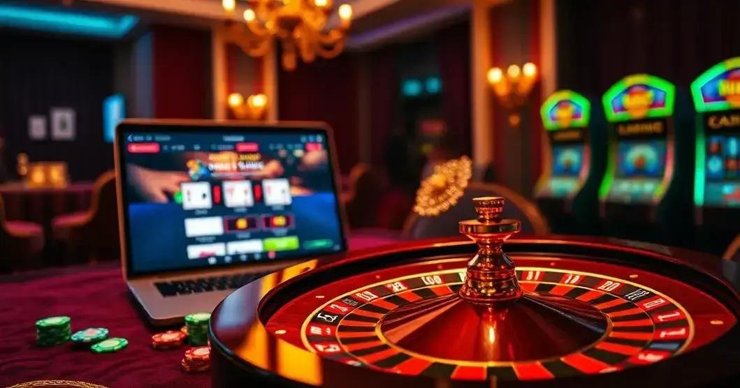 Cena vibrante de um cassino com uma mesa de roleta em primeiro plano. A roleta está parada, mostrando slots numerados em vermelho e preto, com uma pilha de fichas ao lado. Ao fundo, há máquinas caça-níqueis com telas coloridas e luzes brilhantes. À esquerda, um laptop está aberto com um site de jogos online exibido na tela. O ambiente sugere um estabelecimento sofisticado com cores ricas e luminárias elegantes visíveis na parte superior da imagem.