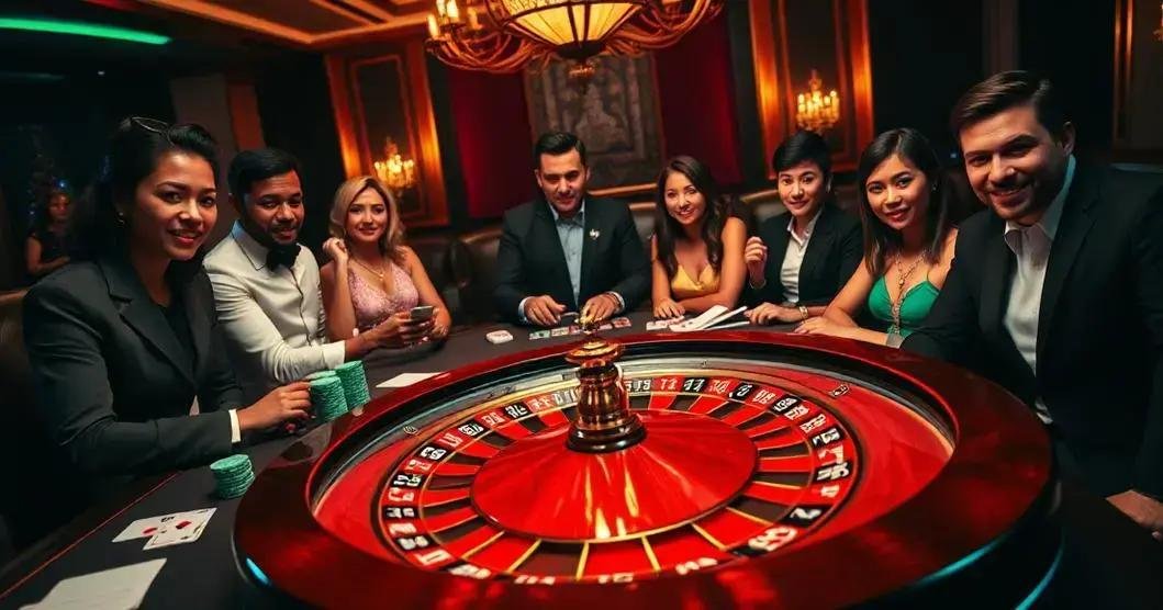 Grupo de pessoas sentadas ao redor de uma mesa de roleta em um cassino. A roda de roleta está em destaque no primeiro plano, com seus slots numerados em vermelho e preto visíveis. As pessoas parecem estar envolvidas no jogo, algumas segurando pilhas de fichas, sugerindo participação ativa nas apostas. O ambiente tem uma iluminação luxuosa e suave que destaca a vibrância da mesa de roleta.