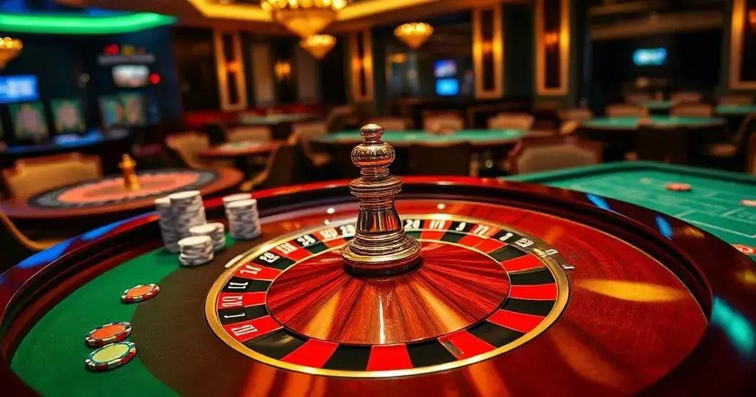 Cenário vibrante de cassino com foco em uma mesa de roleta em primeiro plano. A roda da roleta, com segmentos vermelhos e pretos, está parada com a bola de prata visível em um dos slots numerados. Sobre a mesa, há um suporte claro segurando várias fichas brancas e vermelhas empilhadas ordenadamente. Ao fundo, várias mesas de jogos de cassino e máquinas caça-níqueis desfocadas sugerem um ambiente de jogo ativo. A iluminação é suave, mas colorida, destacando os tons ricos de verde das mesas e os tons quentes de madeira da roda da roleta.