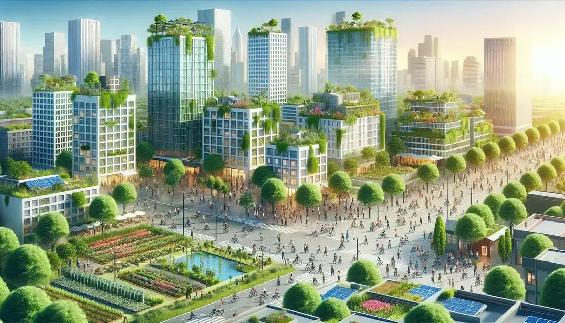 A imagem retrata uma paisagem urbana futurista com ênfase em arquitetura verde e vida sustentável. Há vários edifícios altos com vegetação nas fachadas e telhados, sugerindo uma integração entre natureza e desenvolvimento urbano. A área está movimentada com pessoas, indicando um ambiente amigável para pedestres. Existem calçadas largas alinhadas com árvores, e o nível do solo apresenta jardins e elementos aquáticos. O horizonte mostra arranha-céus adicionais ao fundo, sugerindo uma cidade densamente povoada. Esta imagem apresenta uma visão de planejamento urbano ecológico que prioriza espaços verdes e áreas comunitárias.